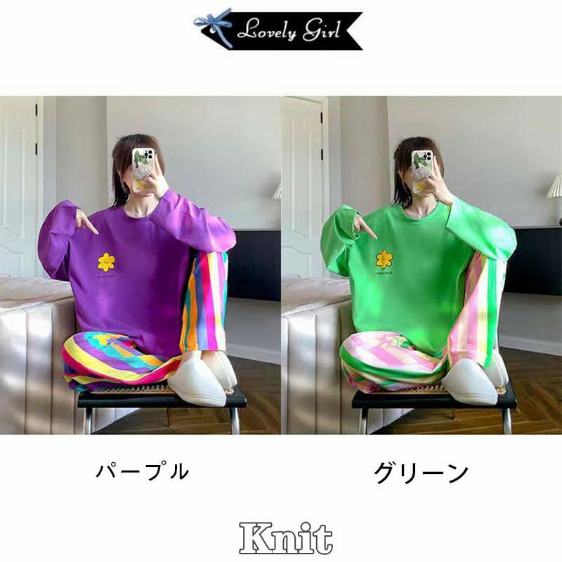 パジャマ ルームウェア レディース 春夏秋 長袖　半袖 パジャマ 綿ルームウェア レインボー色花/チェック柄 大きいサイズ 上下セット 可愛い | ブランド登録なし | 03
