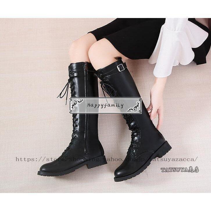 ブーツ ロングブーツ ロング丈 女性用 レディース レースアップ ローヒール3ｃｍ 秋冬 太ヒール ニーハイブーツ 編み上げ レースアップ　黒　カーキ | ブランド登録なし | 04