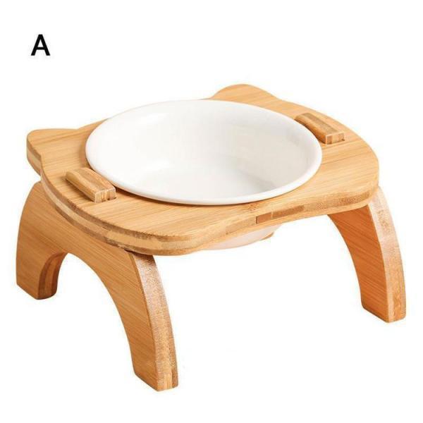 フードボウル ペット用 台付き 猫食器 犬食器 猫用 小型犬用 食器 餌やり 水やり用品 かわいい 竹製 組み立て 2連 2皿 イラスト ペット食器 | ブランド登録なし | 02
