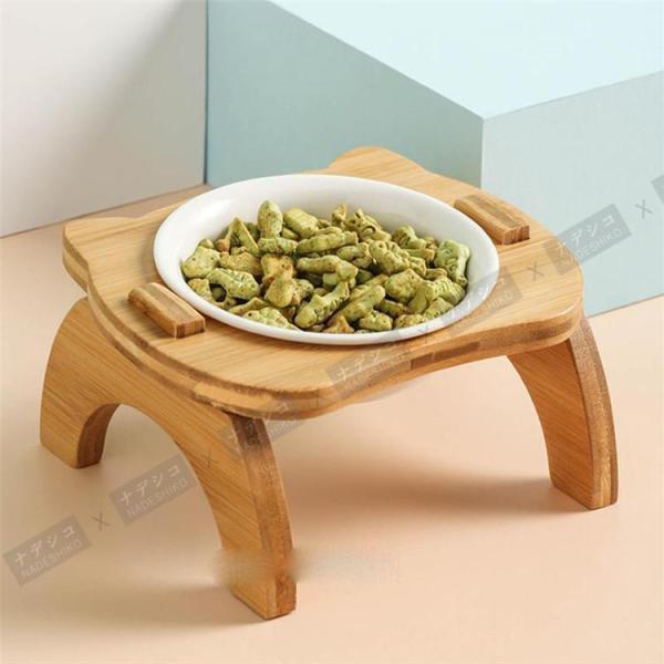 フードボウル ペット用 台付き 猫食器 犬食器 猫用 小型犬用 食器 餌やり 水やり用品 かわいい 竹製 組み立て 2連 2皿 イラスト ペット食器 | ブランド登録なし | 07