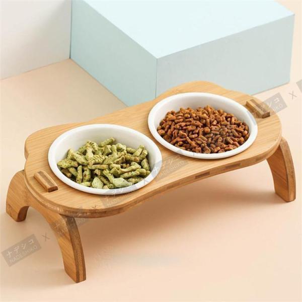 フードボウル ペット用 台付き 猫食器 犬食器 猫用 小型犬用 食器 餌やり 水やり用品 かわいい 竹製 組み立て 2連 2皿 イラスト ペット食器 | ブランド登録なし | 08