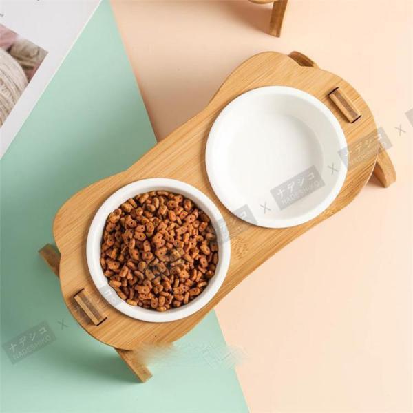 フードボウル ペット用 台付き 猫食器 犬食器 猫用 小型犬用 食器 餌やり 水やり用品 かわいい 竹製 組み立て 2連 2皿 イラスト ペット食器 | ブランド登録なし | 09