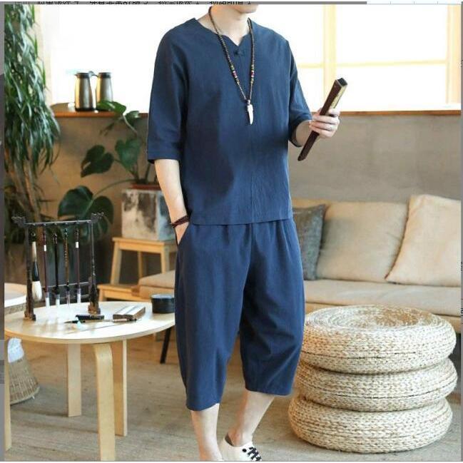綿麻上下セット メンズ 甚平風 ヘンリーネック セットアップ リネン 夏 薄手 ルームウェア 部屋着代引不可 | ブランド登録なし | 02