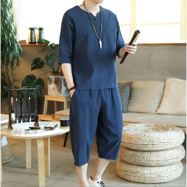 綿麻上下セット メンズ 甚平風 ヘンリーネック セットアップ リネン 夏 薄手 ルームウェア 部屋着代引不可 | ブランド登録なし | 06