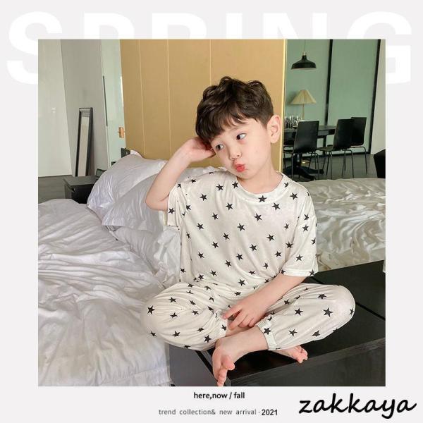 パジャマ キッズ 子供服 2点セットアップ 男女兼用 ジュニア 春夏星柄 薄手 半袖 長ズボン ルームウェア 部屋着 おしゃれ 可愛い 柔らかい | ブランド登録なし | 01