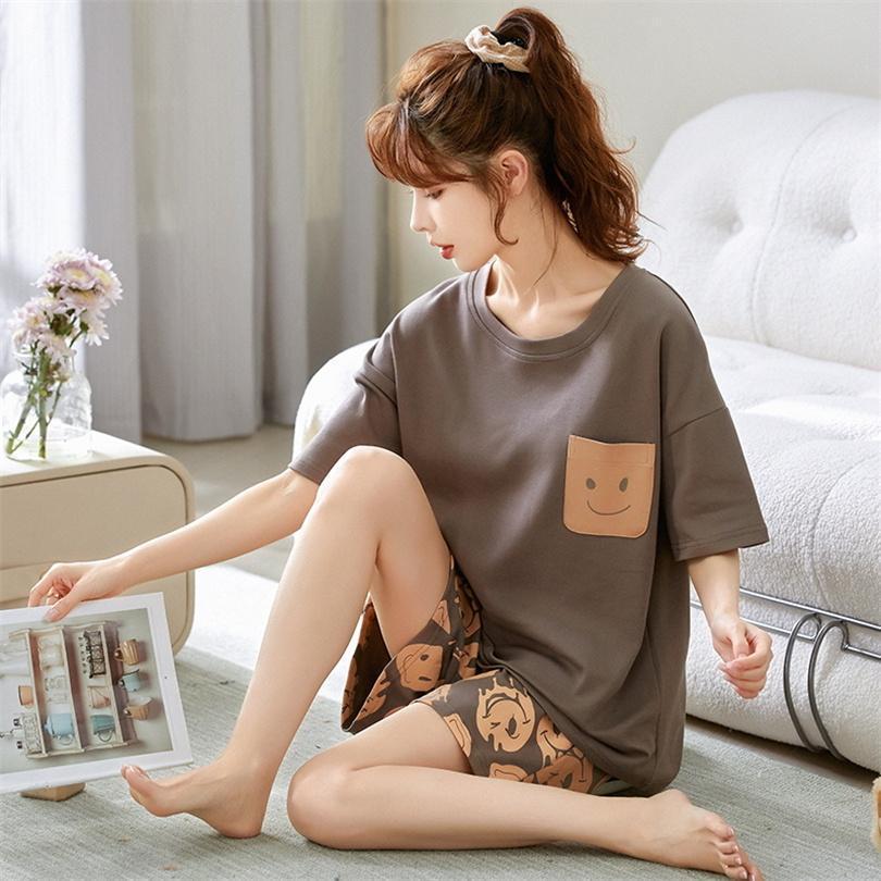部屋着 レディース パジャマ ルームウェア セットアップ ショートパンツ 半袖 Tシャツ 綿 丸首 柄物 外出 カジュアル 運動着 学生 女子 夏 | ブランド登録なし