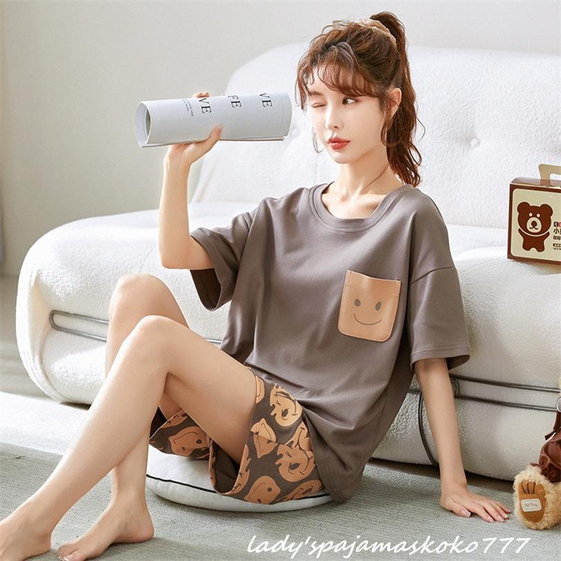 部屋着 レディース パジャマ ルームウェア セットアップ ショートパンツ 半袖 Tシャツ 綿 丸首 柄物 外出 カジュアル 運動着 学生 女子 夏 | ブランド登録なし | 01