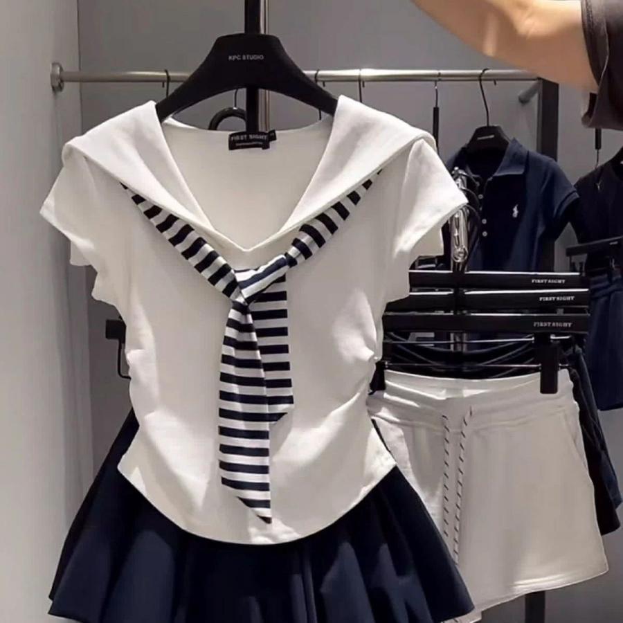 マリン風セーラーシャツ レディース 半袖 可愛い 韓国風 修身 カジュアル 学生風 ガーリー 夏服 通学 通勤 デート 旅行 デイリーコーデ 白 紺色 | ブランド登録なし | 01