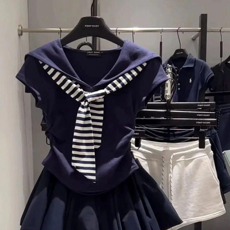マリン風セーラーシャツ レディース 半袖 可愛い 韓国風 修身 カジュアル 学生風 ガーリー 夏服 通学 通勤 デート 旅行 デイリーコーデ 白 紺色 | ブランド登録なし | 02