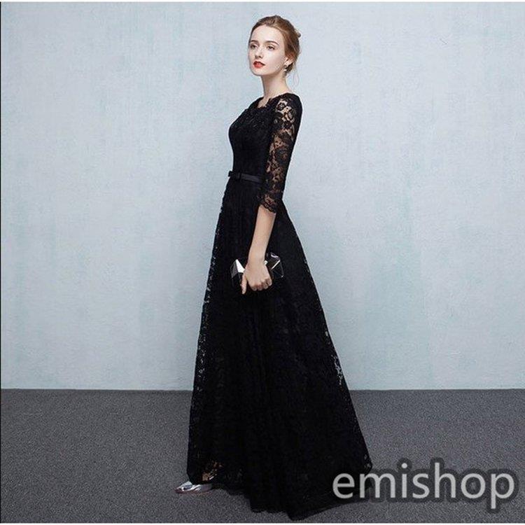 ロング丈レースドレス黒ブラック着痩せ7分袖パーティードレス結婚式二次会ドレスロングドレスフォーマルワンピースレース | ブランド登録なし | 03