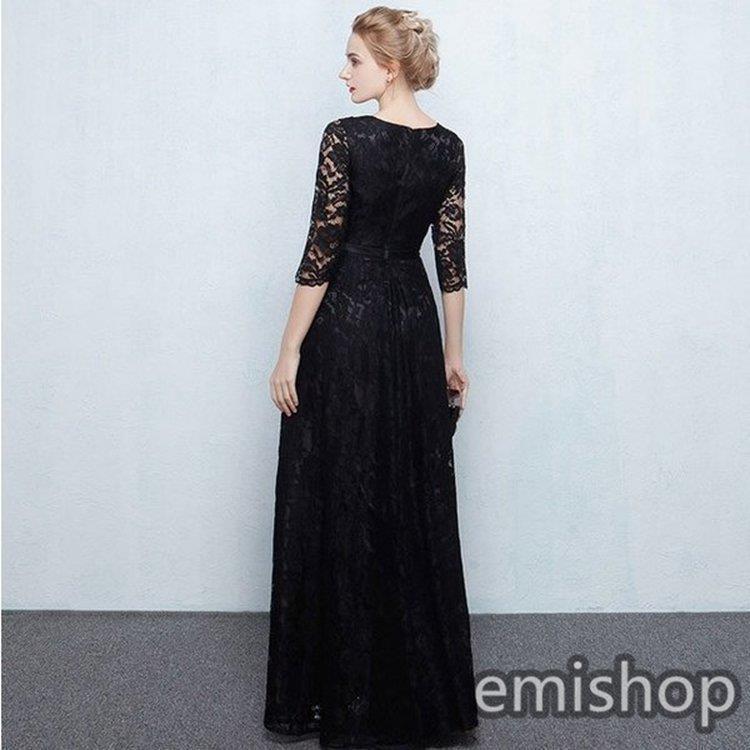 ロング丈レースドレス黒ブラック着痩せ7分袖パーティードレス結婚式二次会ドレスロングドレスフォーマルワンピースレース | ブランド登録なし | 04