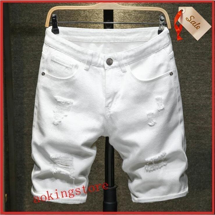 ホワイト ショート ダメージ デニムパンツ 28-38ストレートパンツ メンズ デニム ハーフパンツ Gパン 半ズボン 伸縮無 ショーツ ジーパン | ブランド登録なし