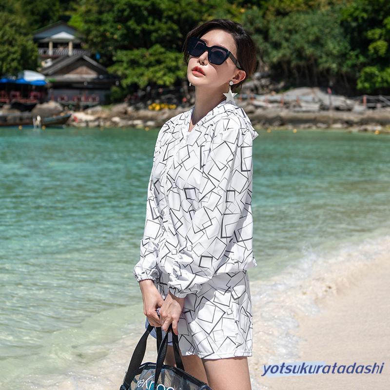 タンキニ水着 体型カバー 3点セット ママ レディース ラッシュガード 長袖 フード セパレート ジップアップ 白 40代 50代 60代 | ブランド登録なし | 11