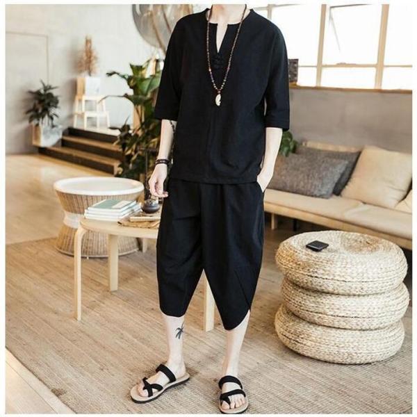 甚平 ヘンリーシャツ 綿麻上下セット セットアップ リネン メンズ サルエルパンツ 上下 ルームウェア 半袖 薄手 父の日 部屋着 | ブランド登録なし | 11