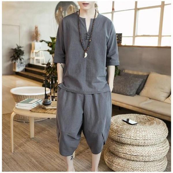 甚平 ヘンリーシャツ 綿麻上下セット セットアップ リネン メンズ サルエルパンツ 上下 ルームウェア 半袖 薄手 父の日 部屋着 | ブランド登録なし | 01