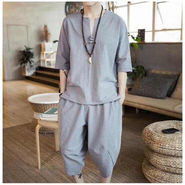 甚平 ヘンリーシャツ 綿麻上下セット セットアップ リネン メンズ サルエルパンツ 上下 ルームウェア 半袖 薄手 父の日 部屋着 | ブランド登録なし | 02