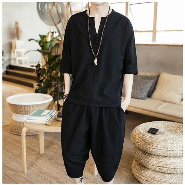 甚平 ヘンリーシャツ 綿麻上下セット セットアップ リネン メンズ サルエルパンツ 上下 ルームウェア 半袖 薄手 父の日 部屋着 | ブランド登録なし | 04
