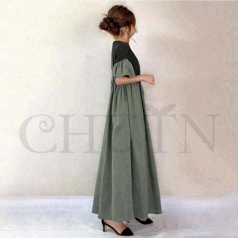 フレアワンピース ラウンドネックキレイめ半袖ンピース ギャザー ロングワンピース 黒 リゾートグリーンマキシ ワンピースお洒落 無地 シンプル | ブランド登録なし | 08