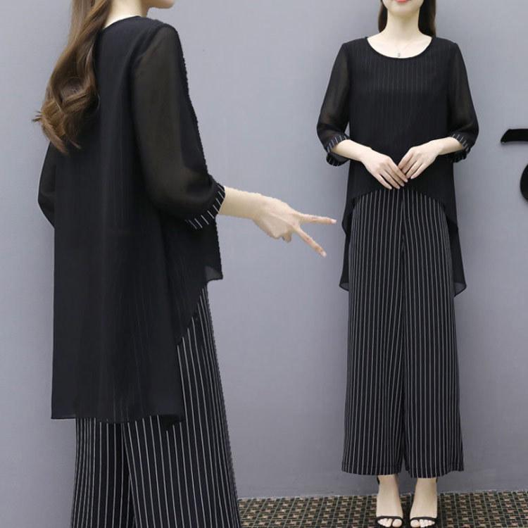 セットアップ レディース 春夏 アンサンブル 七分袖 ワイドパンツ ガウチョパンツ ブラウス クルーネック フェイクレイヤード ボーダー | ブランド登録なし | 02