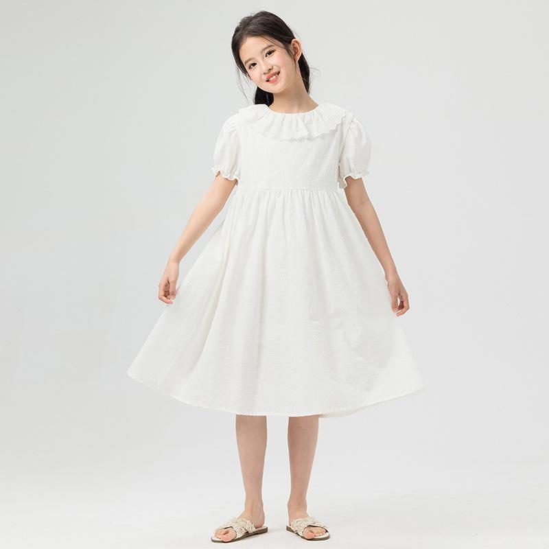 ワンピース 女の子 夏 パフスリーブ フリル襟 清楚 子供 小学生 発表会 結婚式 通学 普段着 可愛い Aライン 膝丈 涼しい コットン | ブランド登録なし