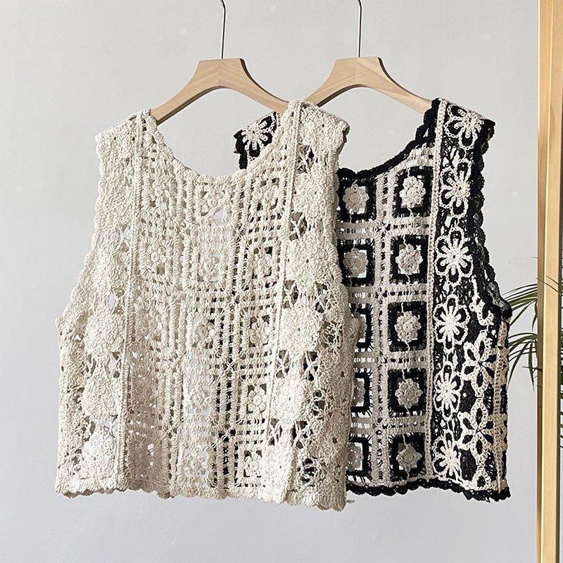 ジレ レディース 秋 花柄 刺繍 レース クロシェ編み 丸首 ノースリーブ ス | ブランド登録なし