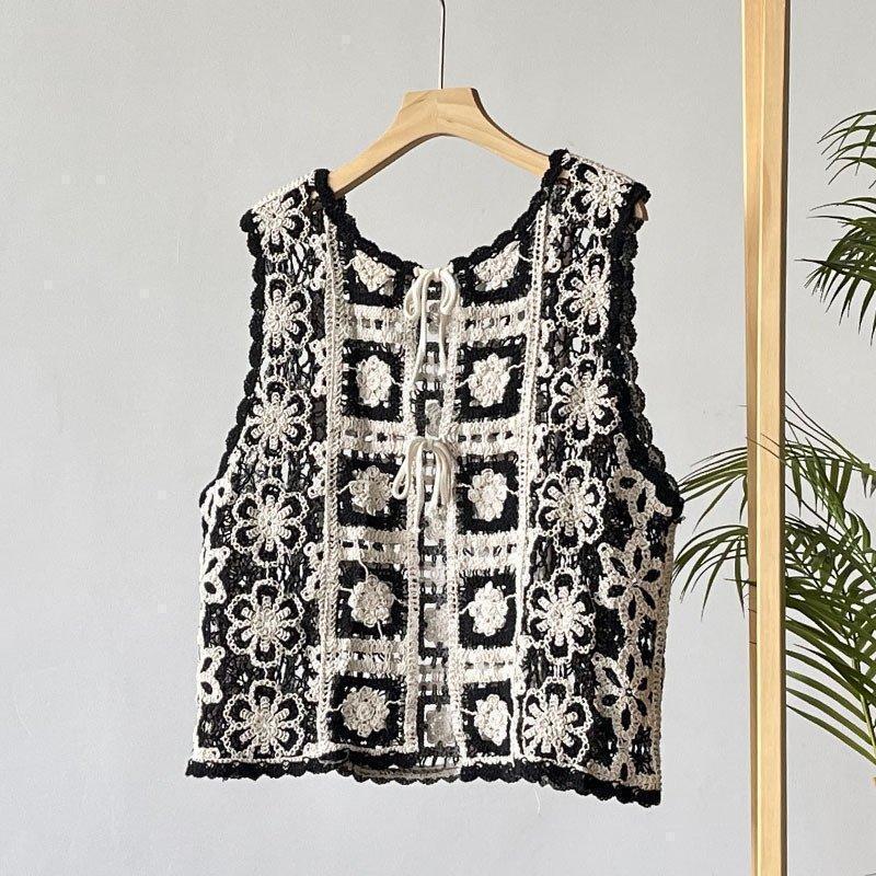 ジレ レディース 秋 花柄 刺繍 レース クロシェ編み 丸首 ノースリーブ ス | ブランド登録なし | 01