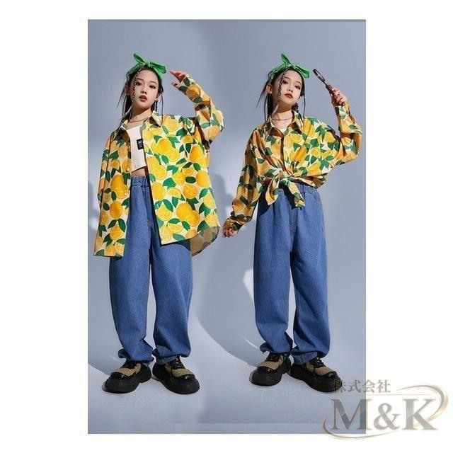 キッズ こども 柄シャツ 大人サイズもあり 舞台 長袖シャツ レッスン着に ダンス衣装 オレンジ柄 フルーツ柄 ストリート 花柄 | ブランド登録なし | 02