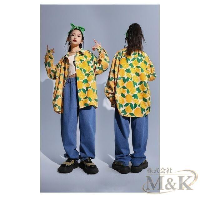 キッズ こども 柄シャツ 大人サイズもあり 舞台 長袖シャツ レッスン着に ダンス衣装 オレンジ柄 フルーツ柄 ストリート 花柄 | ブランド登録なし | 03