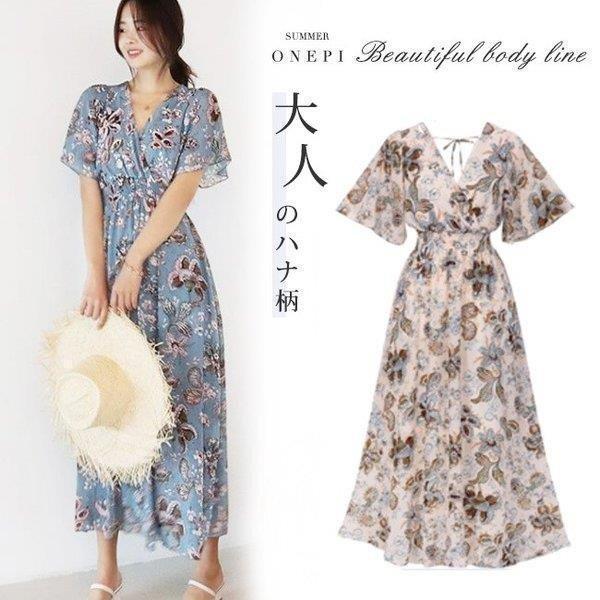 マキシ丈ワンピース 半袖 カシュクール ウエストゴム vネック バックリボン 花柄 シフォン レディース リゾート ビーチワンピース ロング | ブランド登録なし