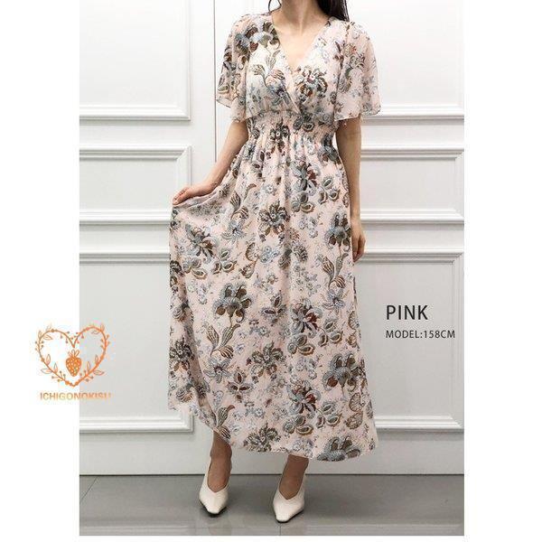 マキシ丈ワンピース 半袖 カシュクール ウエストゴム vネック バックリボン 花柄 シフォン レディース リゾート ビーチワンピース ロング | ブランド登録なし | 11