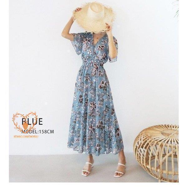 マキシ丈ワンピース 半袖 カシュクール ウエストゴム vネック バックリボン 花柄 シフォン レディース リゾート ビーチワンピース ロング | ブランド登録なし | 13