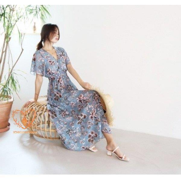 マキシ丈ワンピース 半袖 カシュクール ウエストゴム vネック バックリボン 花柄 シフォン レディース リゾート ビーチワンピース ロング | ブランド登録なし | 14