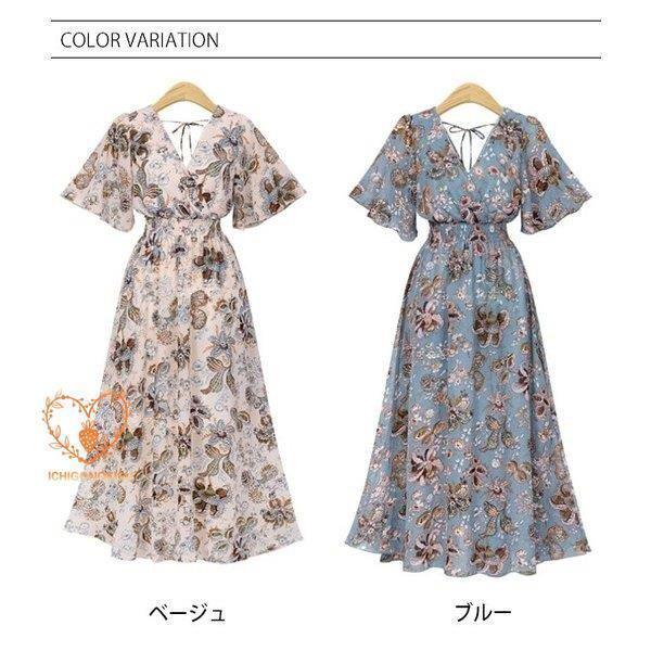 マキシ丈ワンピース 半袖 カシュクール ウエストゴム vネック バックリボン 花柄 シフォン レディース リゾート ビーチワンピース ロング | ブランド登録なし | 09