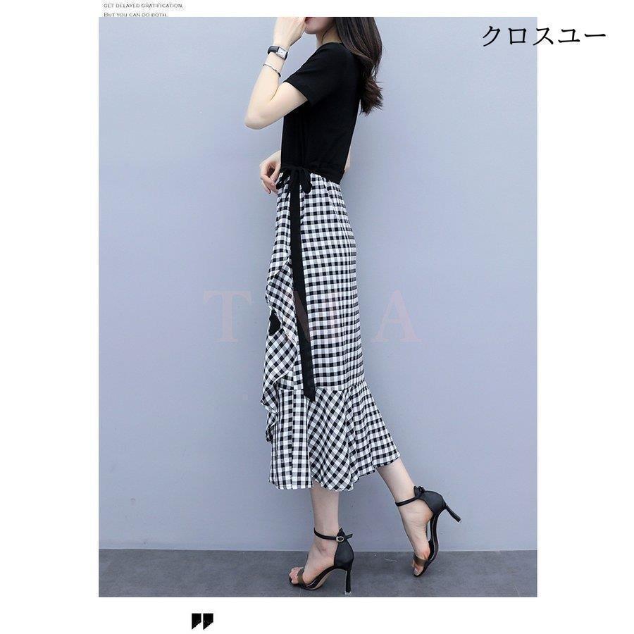 ワンピース2点セット レディース 40代 キレイめワンピース 春夏 半袖ワンピース黒Tシャツ チェック柄ロングスカート セットアップ オシャレ | ブランド登録なし | 12