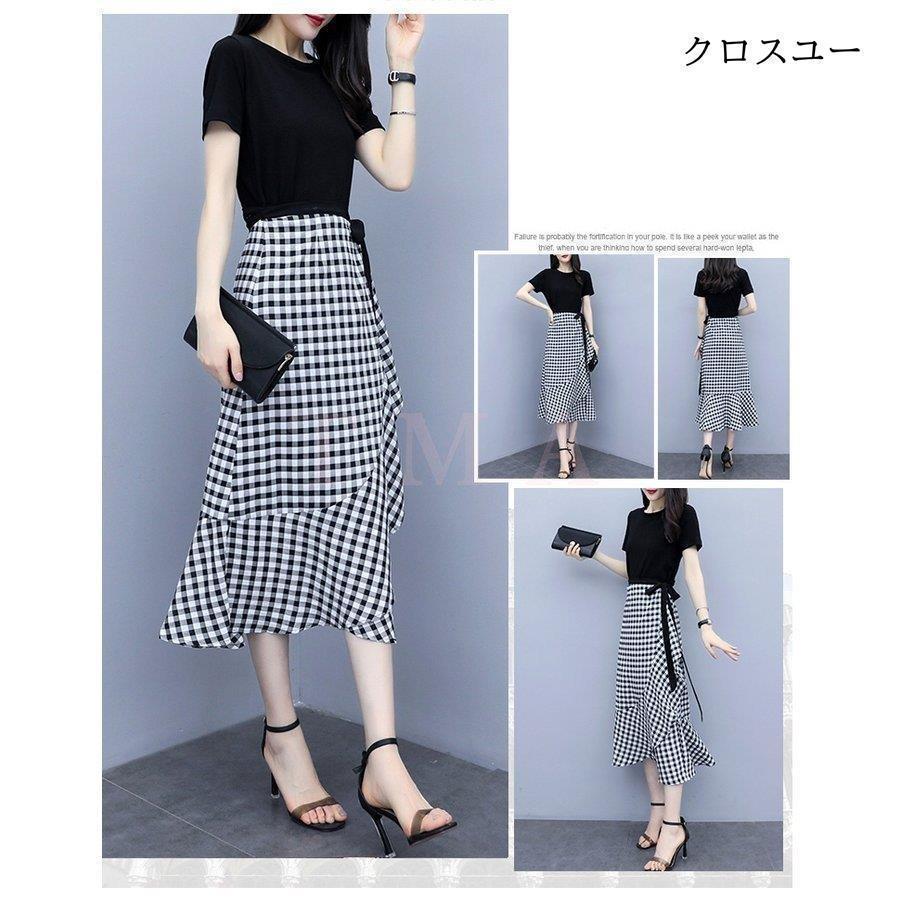 ワンピース2点セット レディース 40代 キレイめワンピース 春夏 半袖ワンピース黒Tシャツ チェック柄ロングスカート セットアップ オシャレ | ブランド登録なし | 01