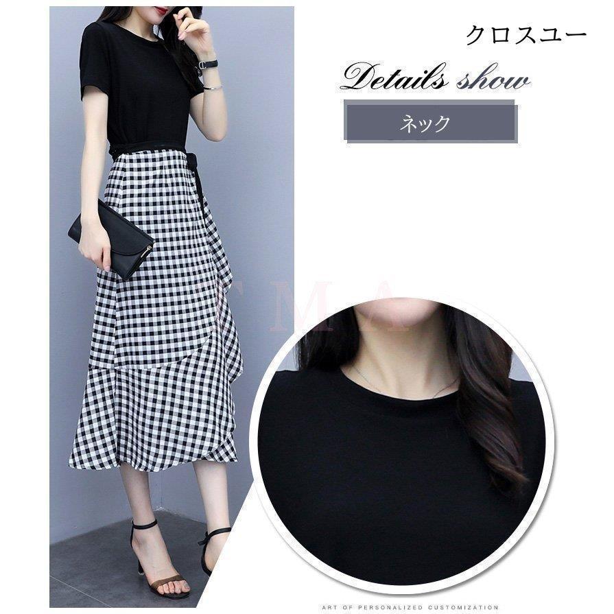 ワンピース2点セット レディース 40代 キレイめワンピース 春夏 半袖ワンピース黒Tシャツ チェック柄ロングスカート セットアップ オシャレ | ブランド登録なし | 02