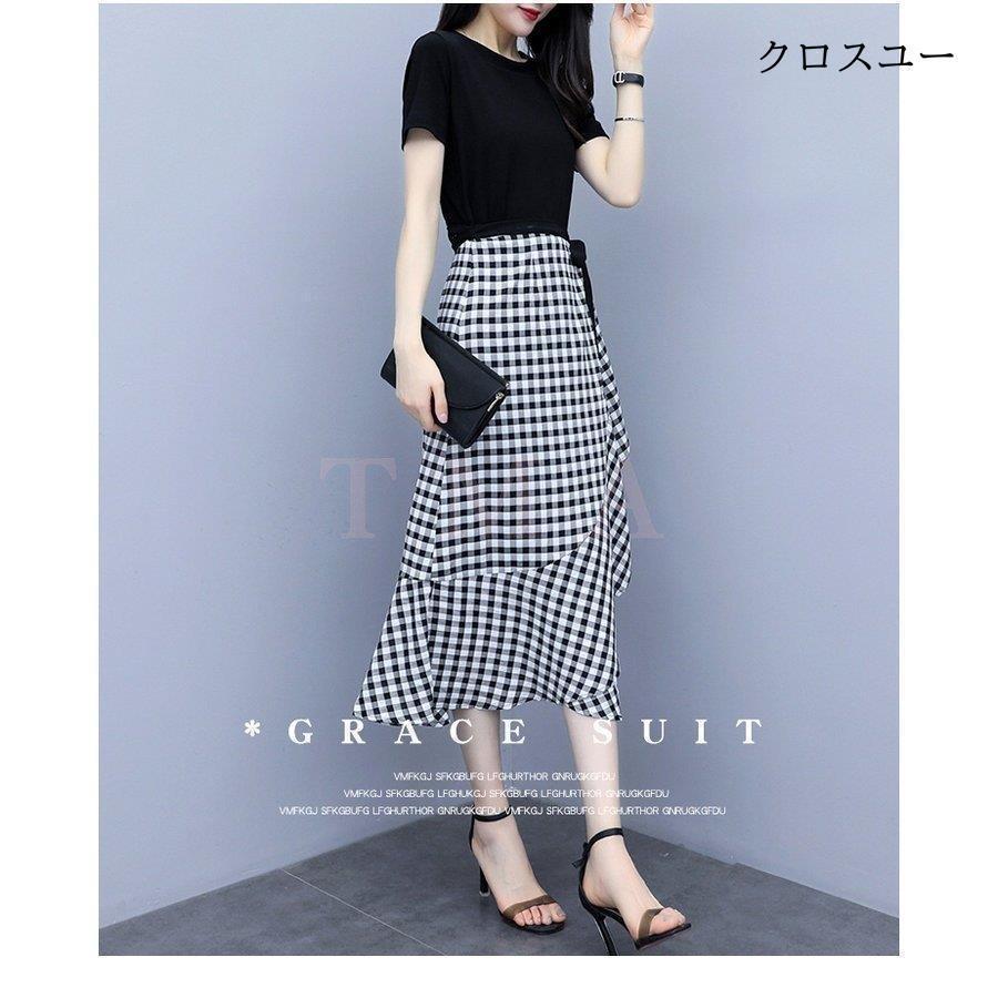 ワンピース2点セット レディース 40代 キレイめワンピース 春夏 半袖ワンピース黒Tシャツ チェック柄ロングスカート セットアップ オシャレ | ブランド登録なし | 05