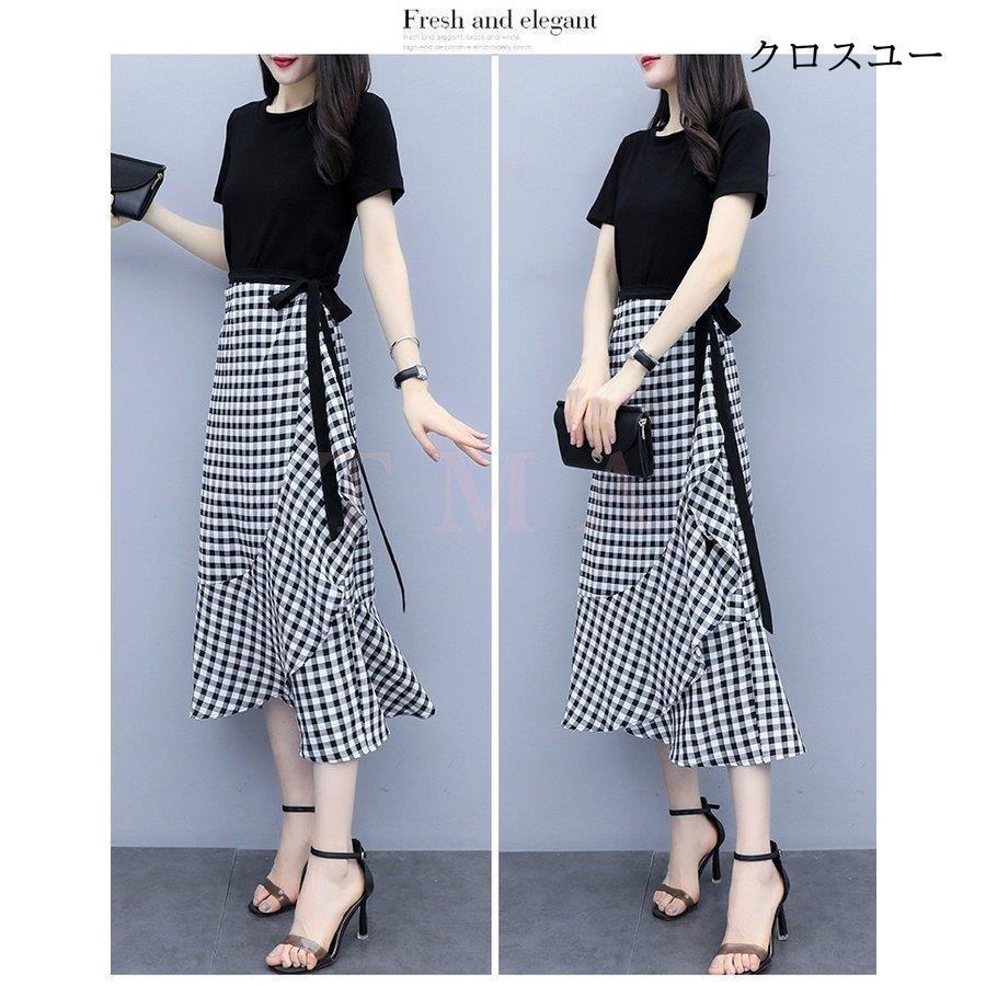 ワンピース2点セット レディース 40代 キレイめワンピース 春夏 半袖ワンピース黒Tシャツ チェック柄ロングスカート セットアップ オシャレ | ブランド登録なし | 07