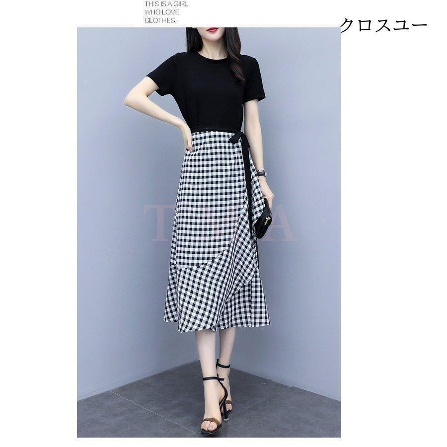 ワンピース2点セット レディース 40代 キレイめワンピース 春夏 半袖ワンピース黒Tシャツ チェック柄ロングスカート セットアップ オシャレ | ブランド登録なし | 08