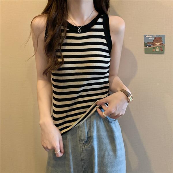 タンク レディース ノースリーブ キャミソール ス Tシャツ ゆったり インナー 薄手 重ね着 体型カバー お洒落 ストライプ 通勤 夏用 | ブランド登録なし | 02