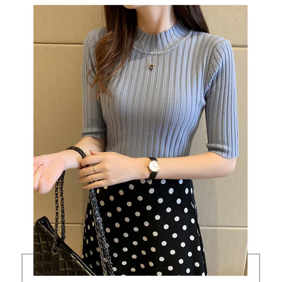 サマーニット レディース半袖　プチハイネック サマーニット 五分袖 コーデ ス シンプル Tシャツ インナー 春夏 秋 女性用 エレガント | ブランド登録なし | 18