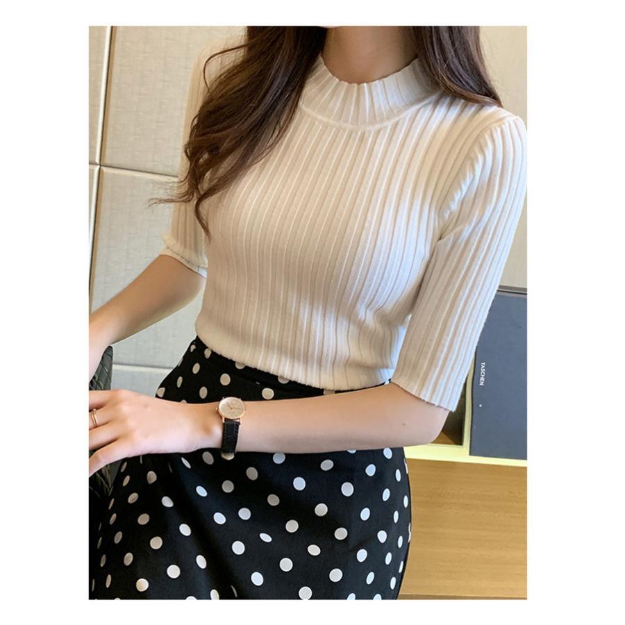 サマーニット レディース半袖　プチハイネック サマーニット 五分袖 コーデ ス シンプル Tシャツ インナー 春夏 秋 女性用 エレガント | ブランド登録なし | 22