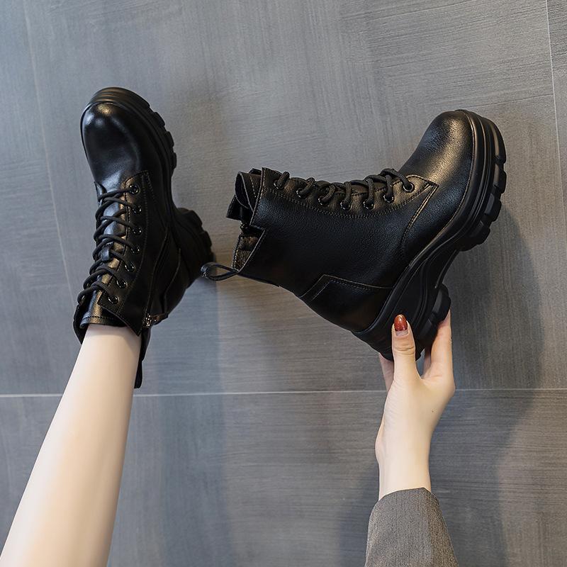 ブーツ レディース 厚底 スムース 防寒 ショートブーツ 裏起毛 インヒール 6cmヒール 暖かい 裏ボア 秋冬ブーツ ラウンドトゥ 編み上げ | ブランド登録なし | 08