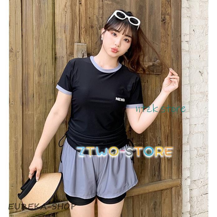 水着レディース 体型カバー 大きいサイズ 3L 4L 5L フィットネス水着 女性 セパレート ラッシュガード Tシャツ 半袖 2点セット ロゴ | ブランド登録なし