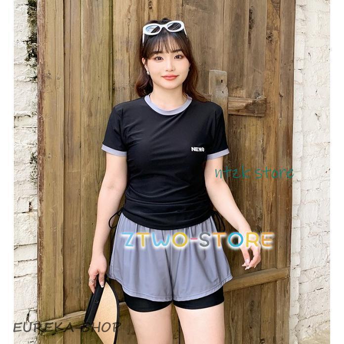 水着レディース 体型カバー 大きいサイズ 3L 4L 5L フィットネス水着 女性 セパレート ラッシュガード Tシャツ 半袖 2点セット ロゴ | ブランド登録なし | 01