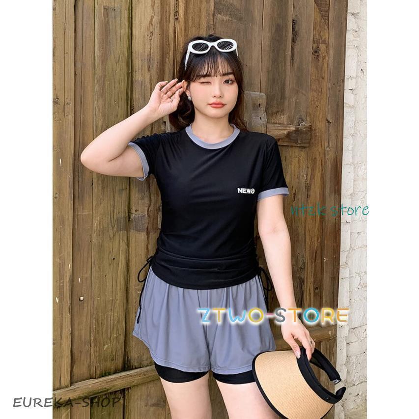 水着レディース 体型カバー 大きいサイズ 3L 4L 5L フィットネス水着 女性 セパレート ラッシュガード Tシャツ 半袖 2点セット ロゴ | ブランド登録なし | 02
