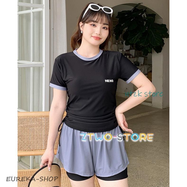 水着レディース 体型カバー 大きいサイズ 3L 4L 5L フィットネス水着 女性 セパレート ラッシュガード Tシャツ 半袖 2点セット ロゴ | ブランド登録なし | 04