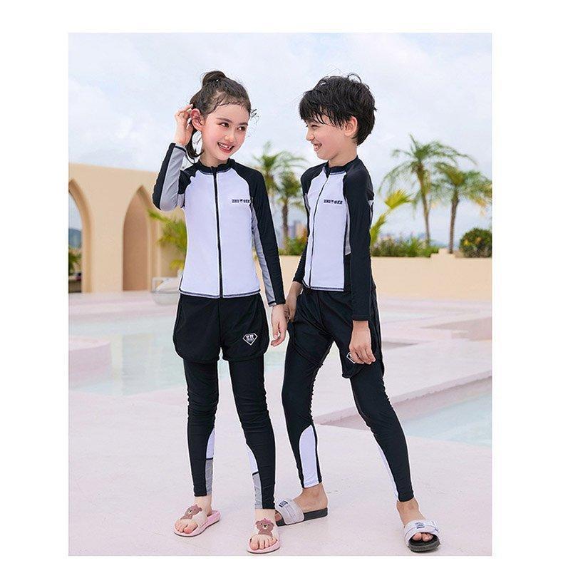 水着ジュニア女の子男の子上下3点セットアップ長袖ラッシュガード+レギンス+ショットパンツスクール水着前開きジッパー付きミックスカラー無地 | ブランド登録なし | 04