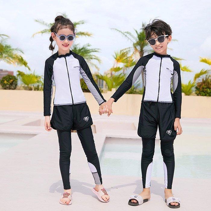 水着ジュニア女の子男の子上下3点セットアップ長袖ラッシュガード+レギンス+ショットパンツスクール水着前開きジッパー付きミックスカラー無地 | ブランド登録なし | 07