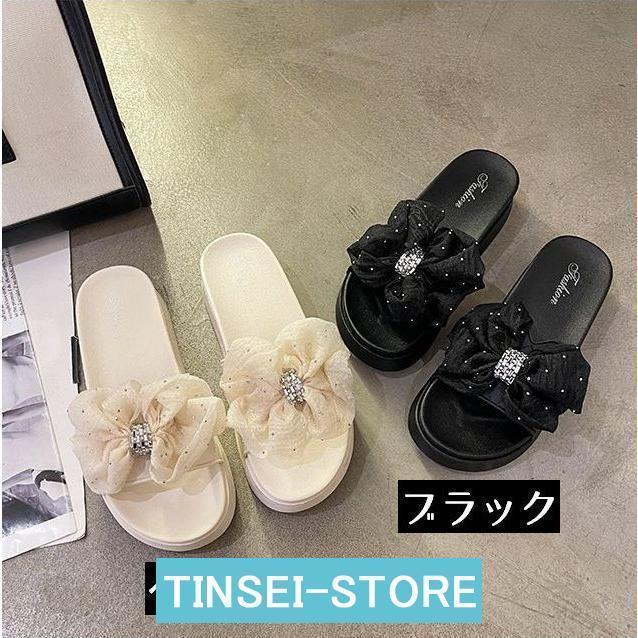 サンダル スリッパ ルームシューズ レディース 室内 外履き 滑り止め 軽量 厚底 美脚 リボン ラインストーン 可愛い おしゃれ | ブランド登録なし | 18